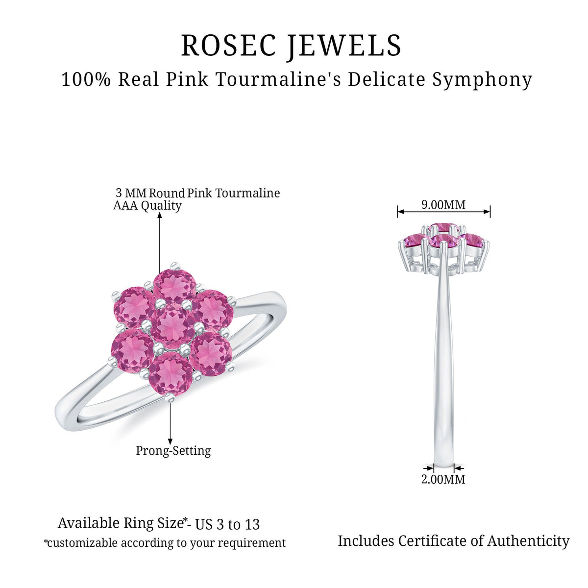 Round pink tourmaline flower engagement ring by Rosec Jewels featuring a delicate floral design in a silver band.