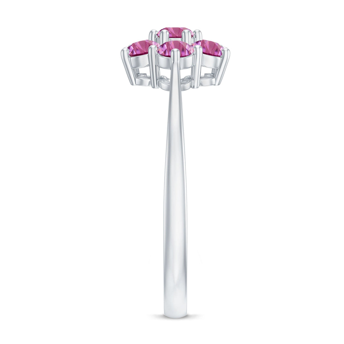 Round pink tourmaline flower engagement ring by Rosec Jewels featuring a delicate floral design in sterling silver.