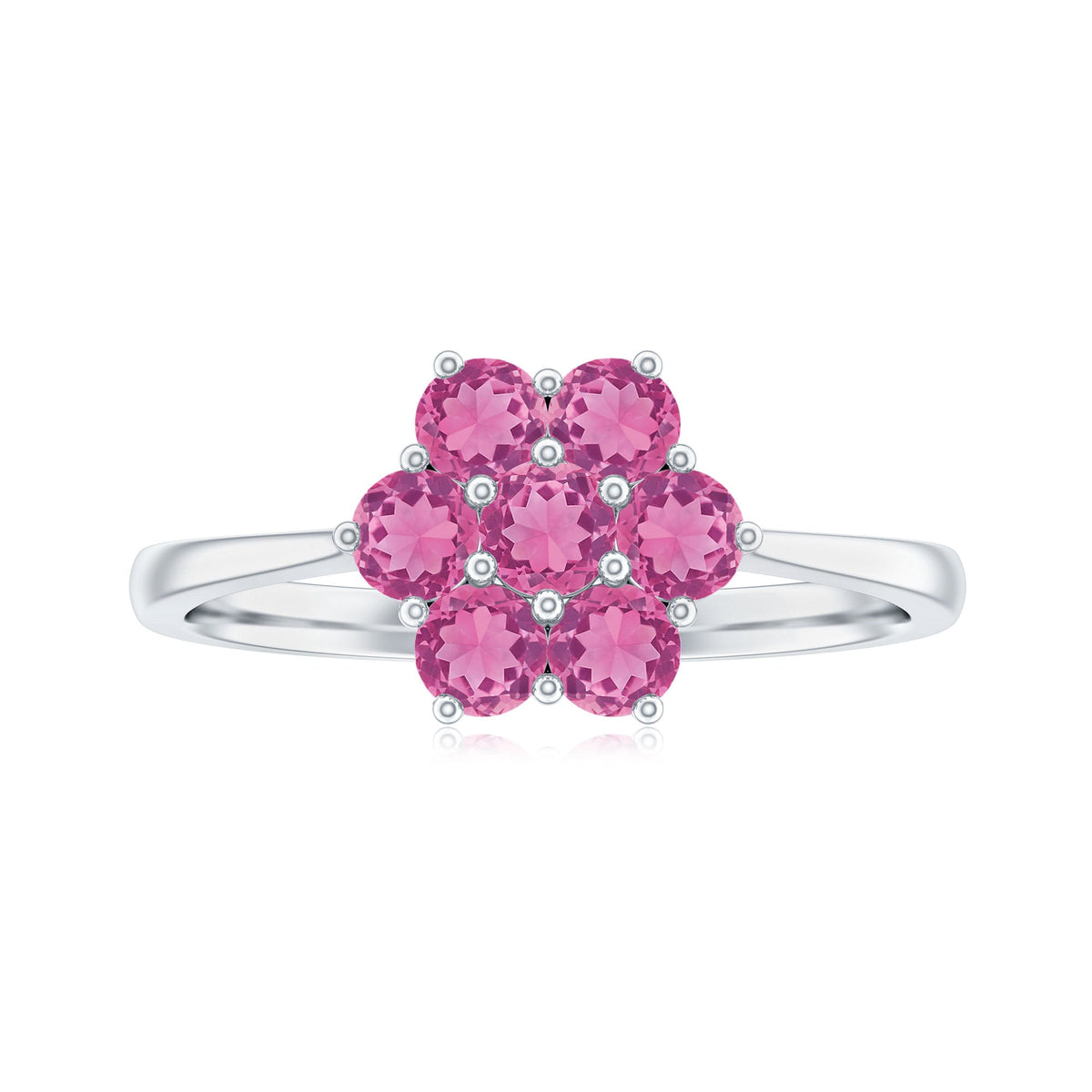Round pink tourmaline flower engagement ring featuring a rose gold band with intricate floral details by Rosec Jewels.