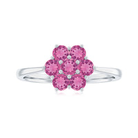 Round pink tourmaline flower engagement ring featuring a rose gold band with intricate floral details by Rosec Jewels.