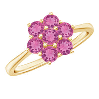 Round pink tourmaline flower engagement ring by Rosec Jewels, featuring a delicate floral design and sterling silver band.