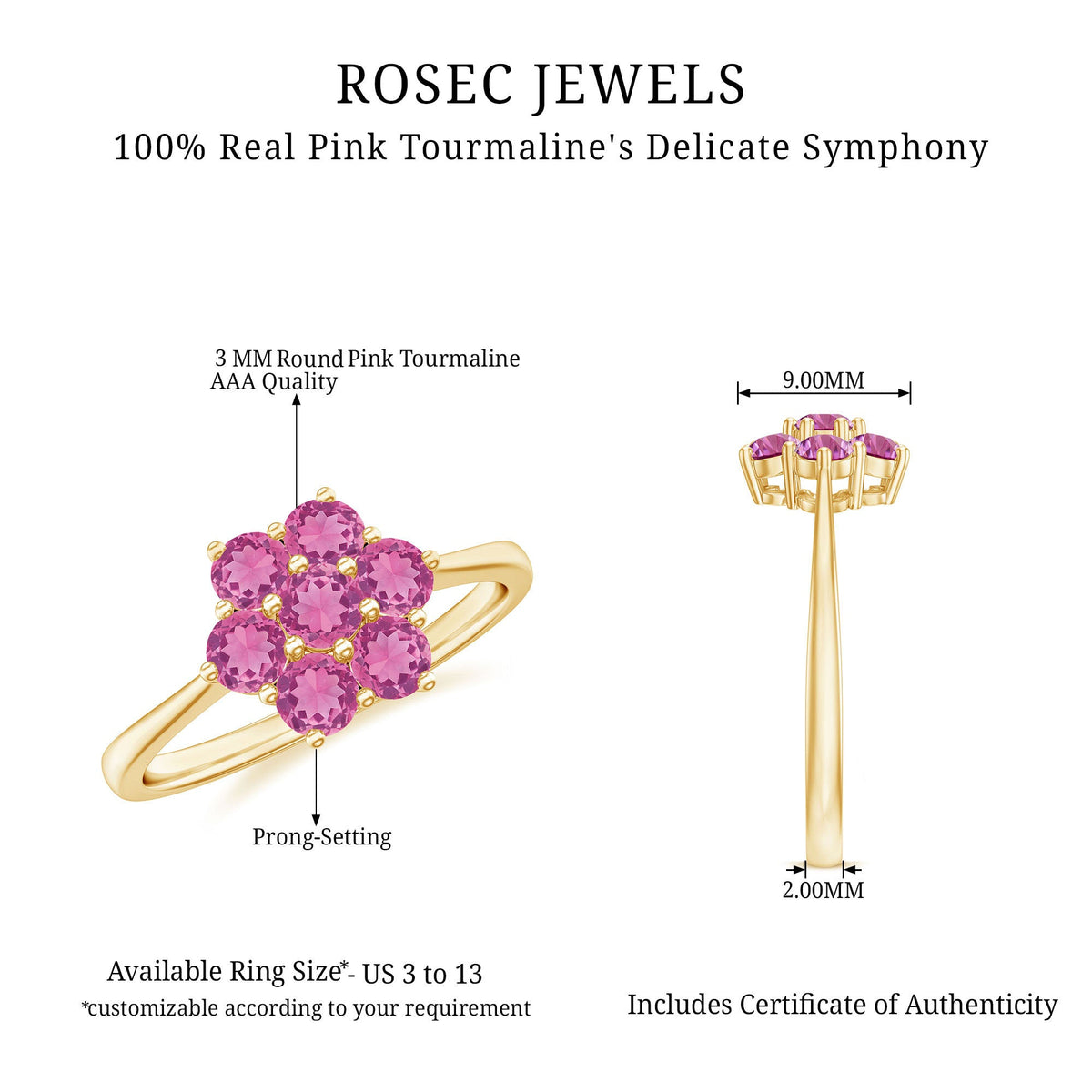 Round pink tourmaline flower engagement ring from Rosec Jewels featuring a floral design in a silver band.
