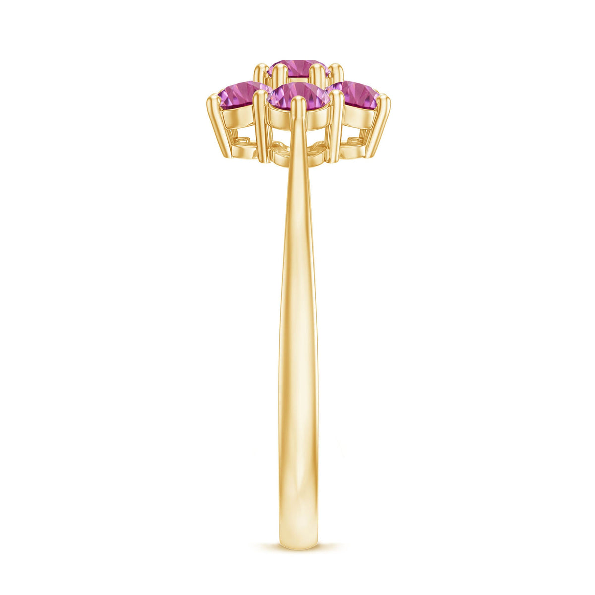Round pink tourmaline flower engagement ring featuring rose gold band and detailed floral design by Rosec Jewels.