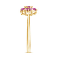 Round pink tourmaline flower engagement ring featuring rose gold band and detailed floral design by Rosec Jewels.