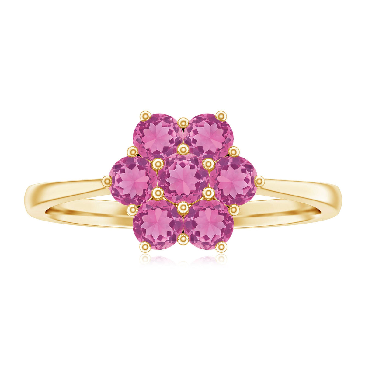 Round pink tourmaline flower engagement ring by Rosec Jewels, featuring a delicate floral design and a shining pink gemstone centerpiece.