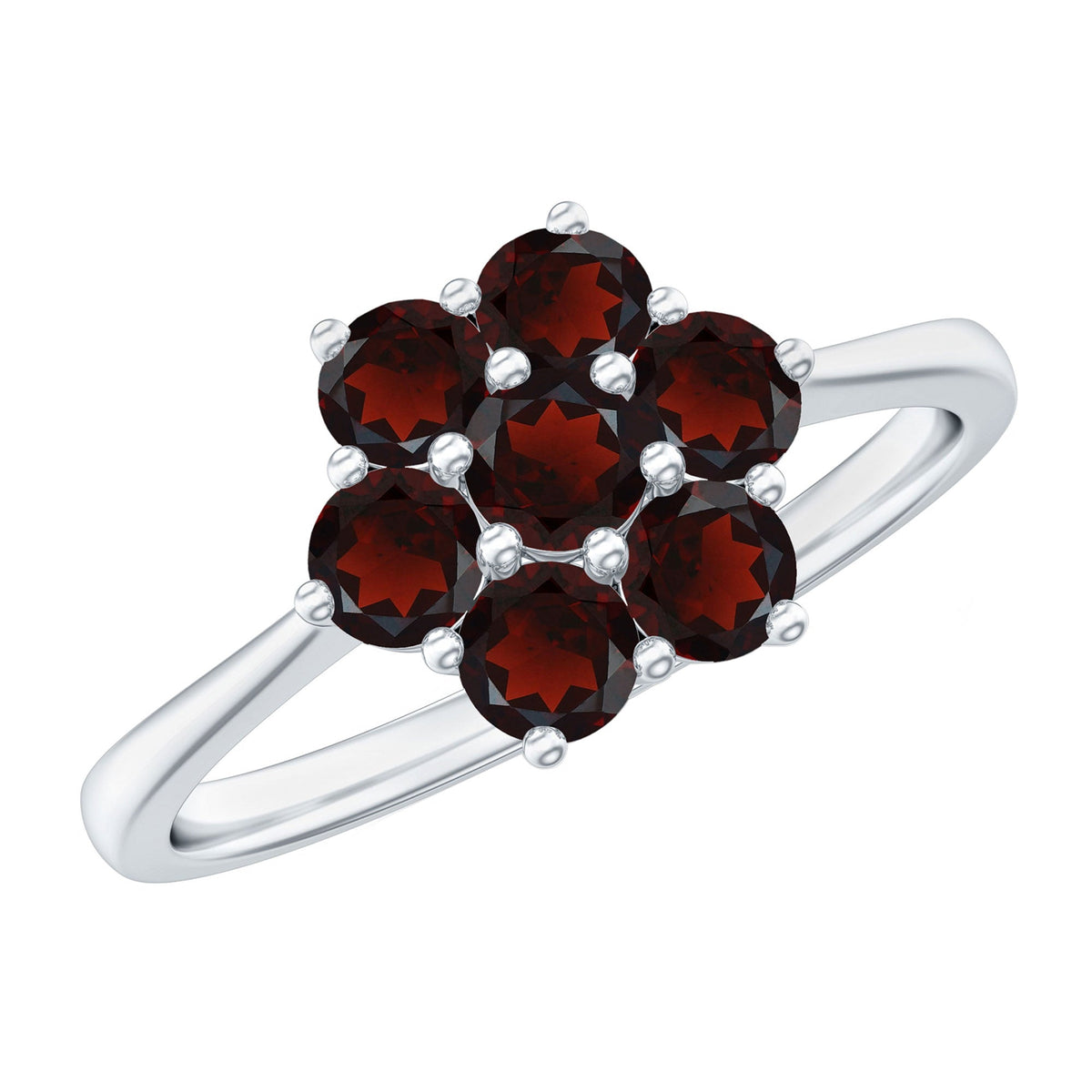 Natural garnet flower cluster engagement ring with detailed gold band and intricate floral design by Rosec Jewels.
