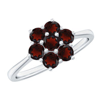 Natural garnet flower cluster engagement ring with detailed gold band and intricate floral design by Rosec Jewels.