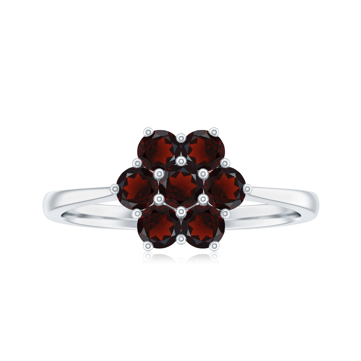 Natural garnet flower cluster engagement ring featuring intricate gemstone flower design and sterling silver band.