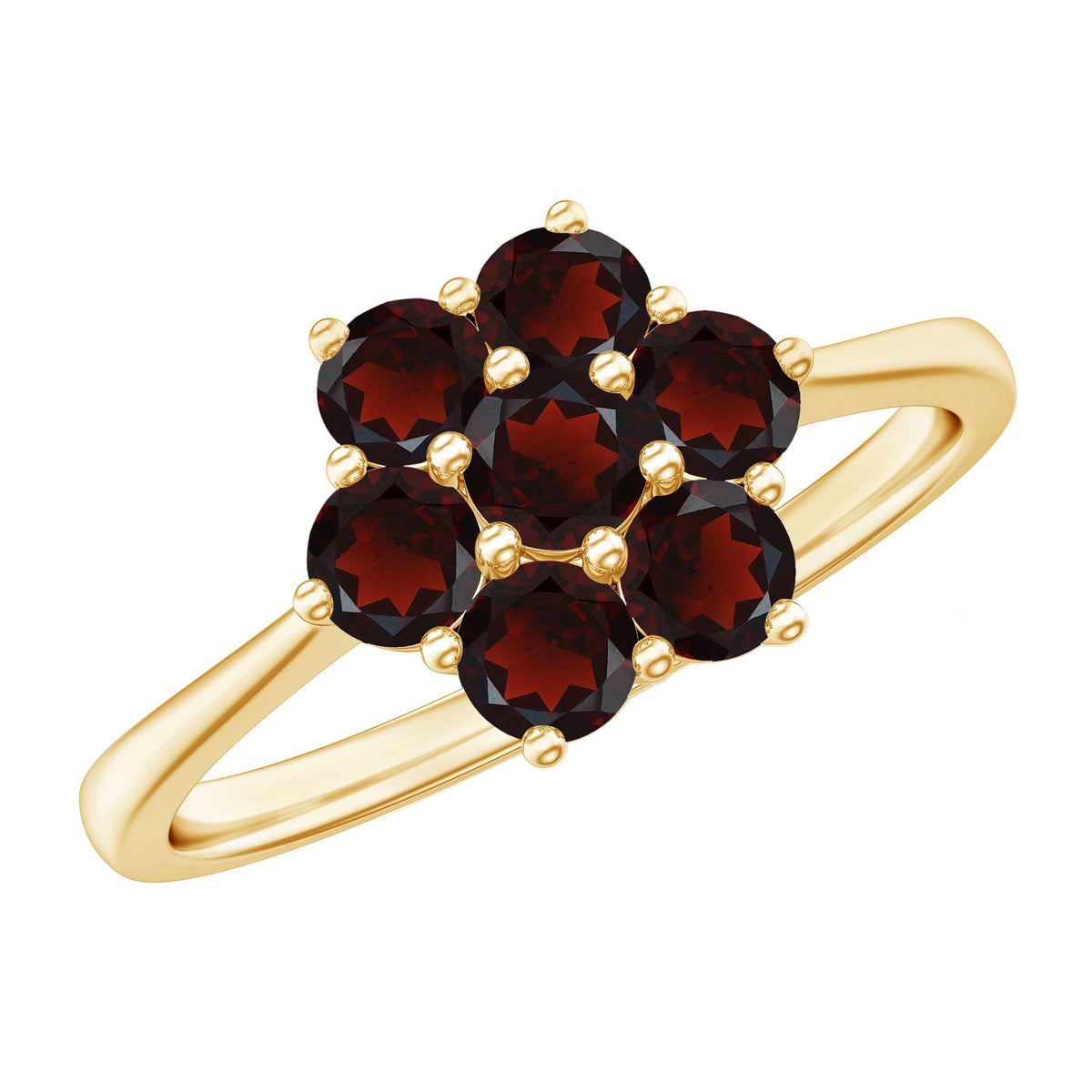 Natural garnet flower cluster engagement ring by Rosec Jewels featuring a vivid red garnet surrounded by floral design in sterling silver.
