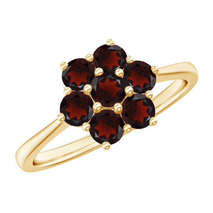 Natural garnet flower cluster engagement ring by Rosec Jewels featuring a vivid red garnet surrounded by floral design in sterling silver.