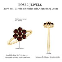 Natural garnet flower cluster engagement ring by Rosec Jewels featuring a vibrant red garnet set in a delicate floral design.