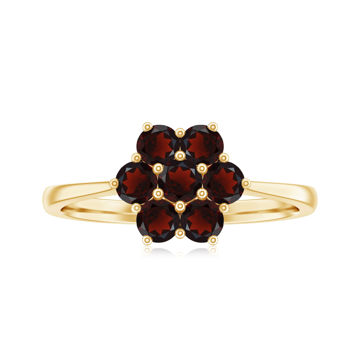 Natural garnet flower cluster engagement ring with detailed gold band, featuring vibrant red garnet stones arranged in a floral design.
