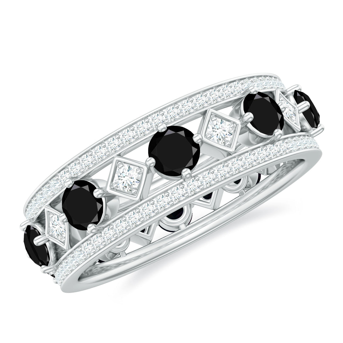 Antique-looking black onyx and moissanite wide wedding band ring from Rosec Jewels with intricate design details.