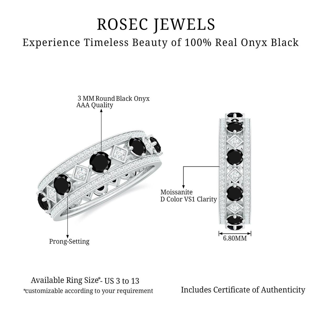 Antique-inspired black onyx and moissanite wide wedding band from Rosec Jewels, showcasing vintage-style ring with sparkling stones.