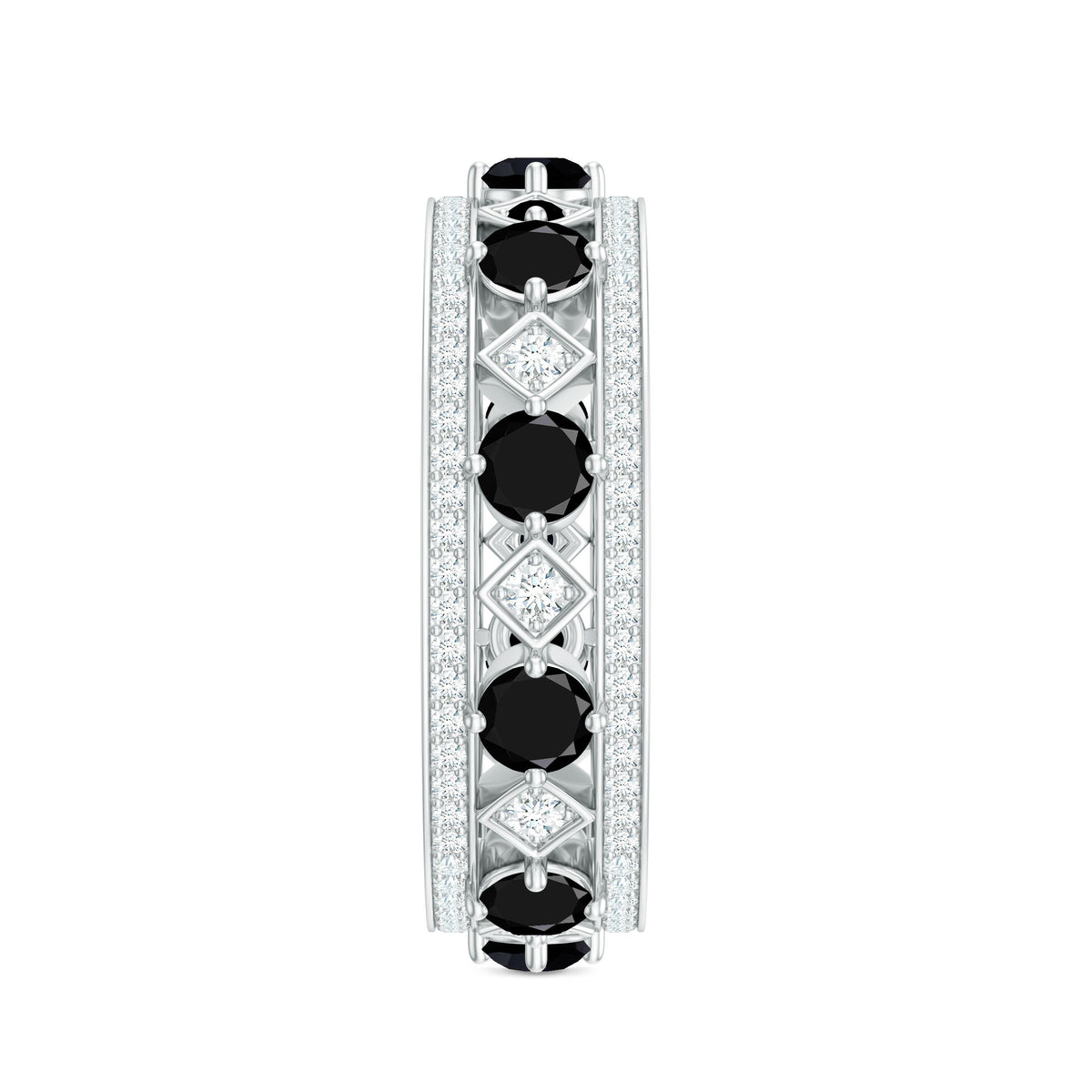 Antique-inspired black onyx and moissanite wide wedding band ring featuring vintage design, crafted by Rosec Jewels.