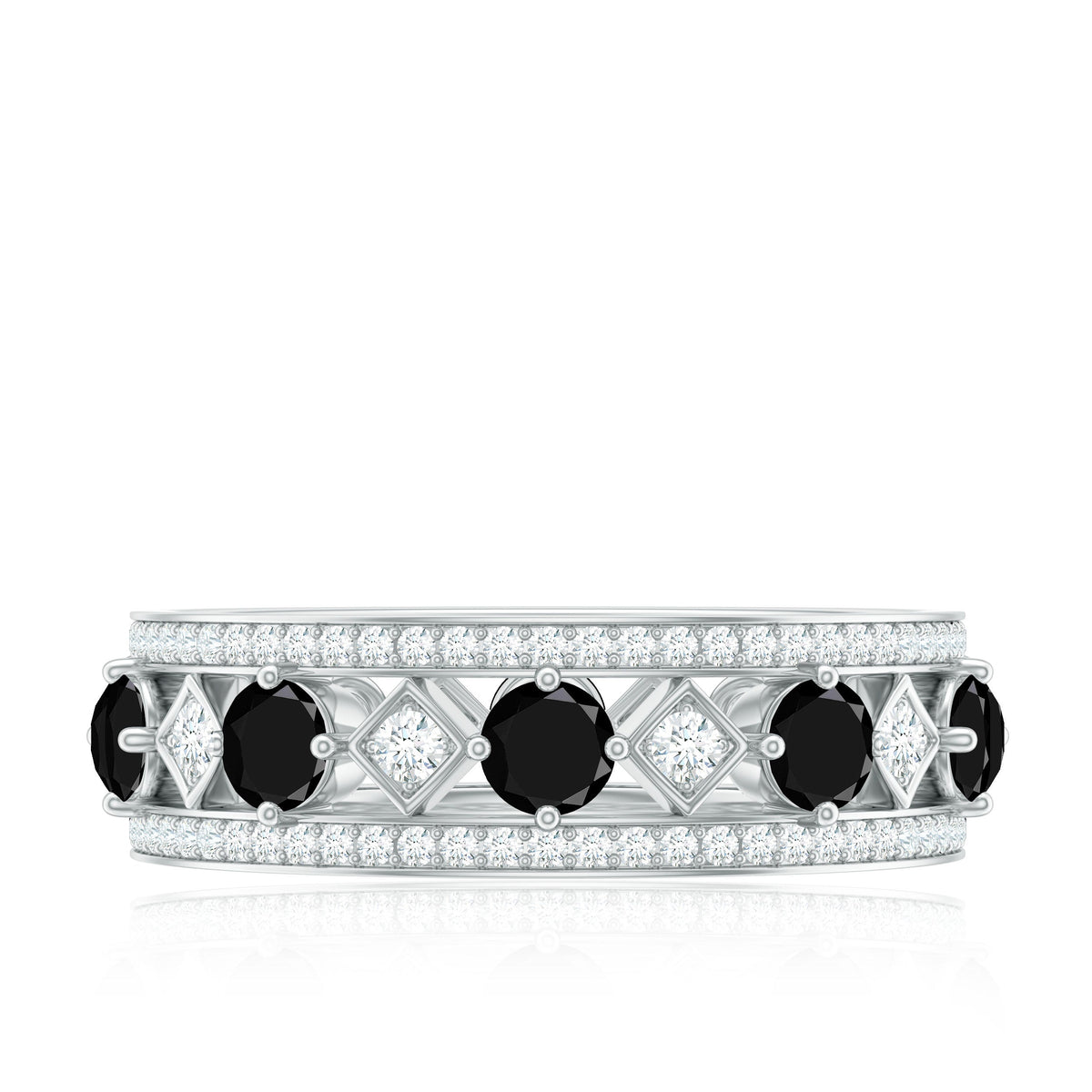 Antique-looking black onyx and moissanite wide wedding band ring by Rosec Jewels, showcasing intricate design and sparkling stones.