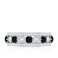 Antique-looking black onyx and moissanite wide wedding band ring by Rosec Jewels, showcasing intricate design and sparkling stones.