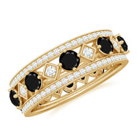 Antique black onyx and moissanite wide wedding band ring by Rosec Jewels, showcasing detailed vintage-inspired design and sparkling stones.