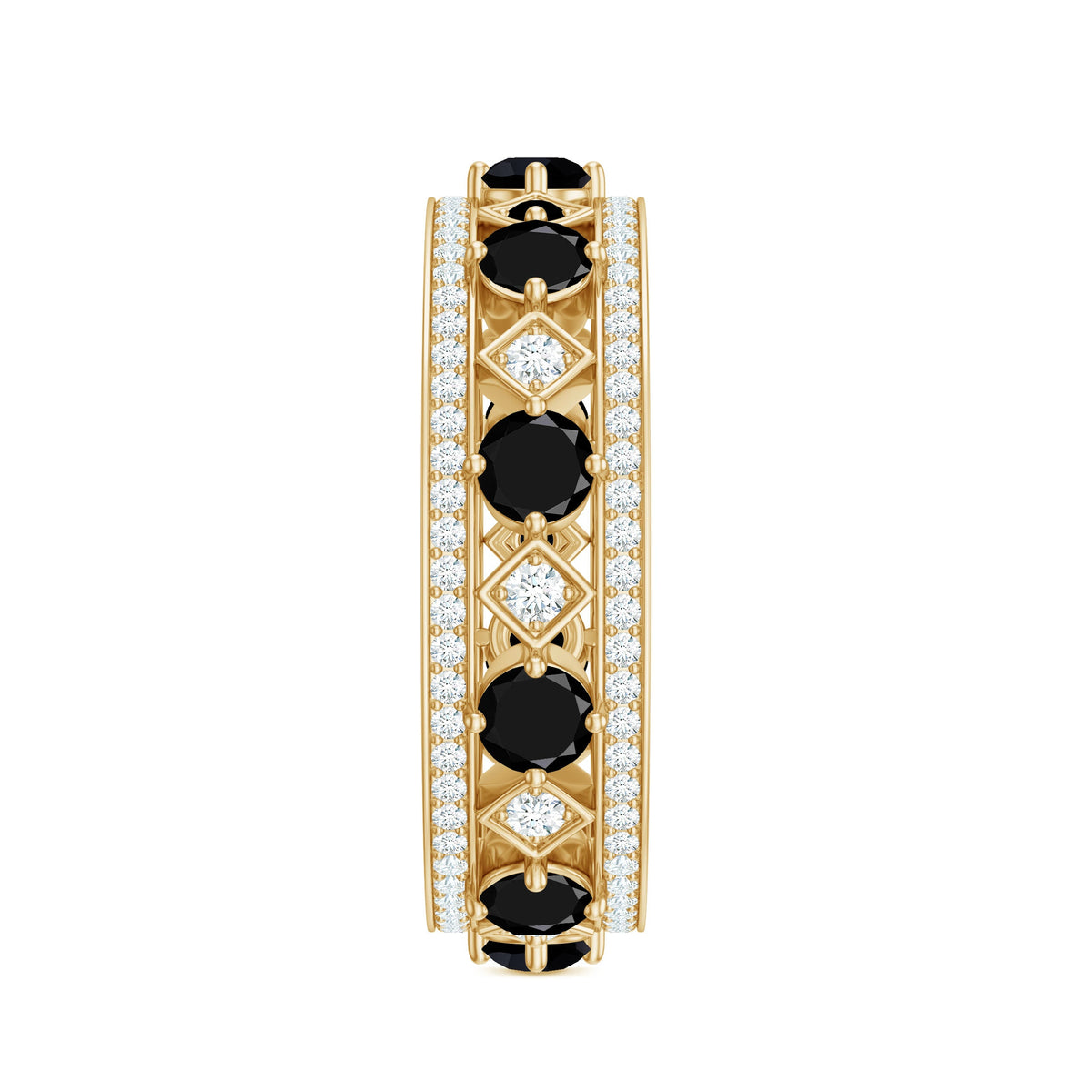 Antique-looking black onyx and moissanite wide wedding band ring from Rosec Jewels, featuring intricate vintage design details.