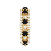 Antique-looking black onyx and moissanite wide wedding band ring from Rosec Jewels, featuring intricate vintage design details.