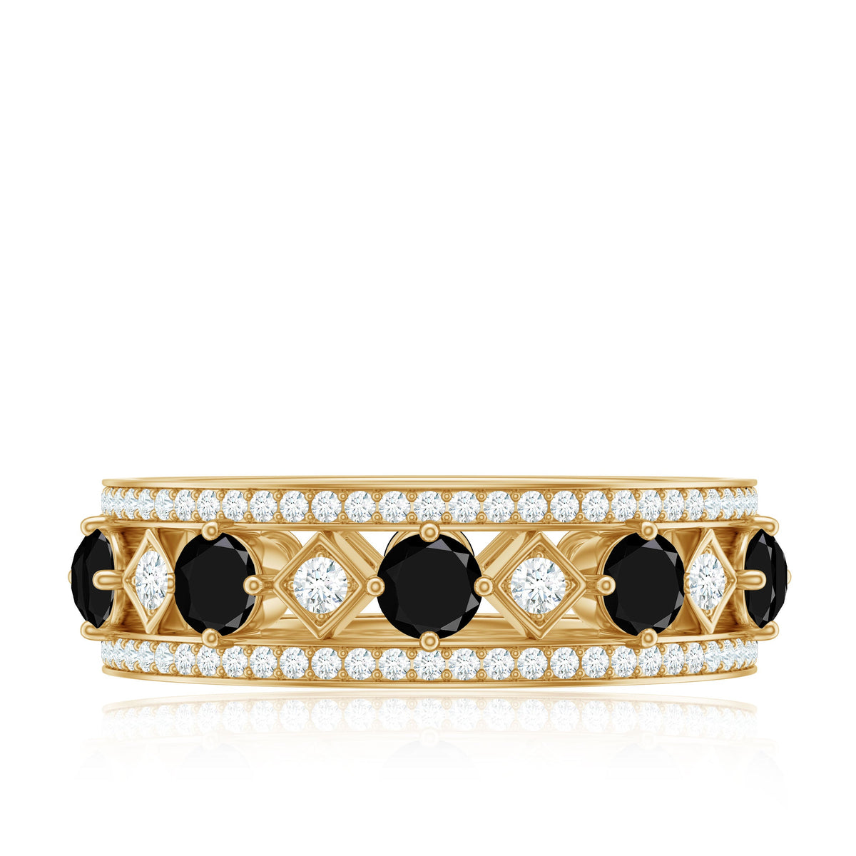 Antique-style black onyx and moissanite wide wedding band ring from Rosec Jewels, showcasing intricate design and sparkling stones.