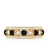 Antique-style black onyx and moissanite wide wedding band ring from Rosec Jewels, showcasing intricate design and sparkling stones.