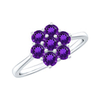 Rosec Jewels 3/4 ct round amethyst cluster flower ring showing a detailed silver band and vibrant purple gemstone design