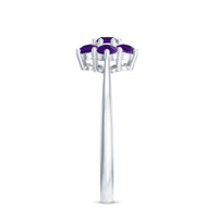 Silver ring featuring a 3/4 carat round amethyst gemstone cluster and floral design, crafted by Rosec Jewels.
