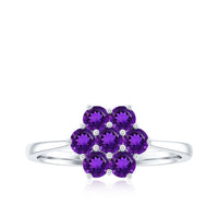 Round 3/4 carat amethyst cluster flower ring by Rosec Jewels featuring a vibrant purple gemstone in a detailed ring setting.