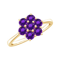 Rosec Jewels 3/4 CT round amethyst cluster flower ring featuring a detailed silver band and vibrant purple gemstone design.