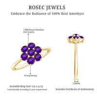 Rosec Jewels 3/4 CT round amethyst cluster flower ring with purple gemstone and silver band, showcasing intricate floral design.