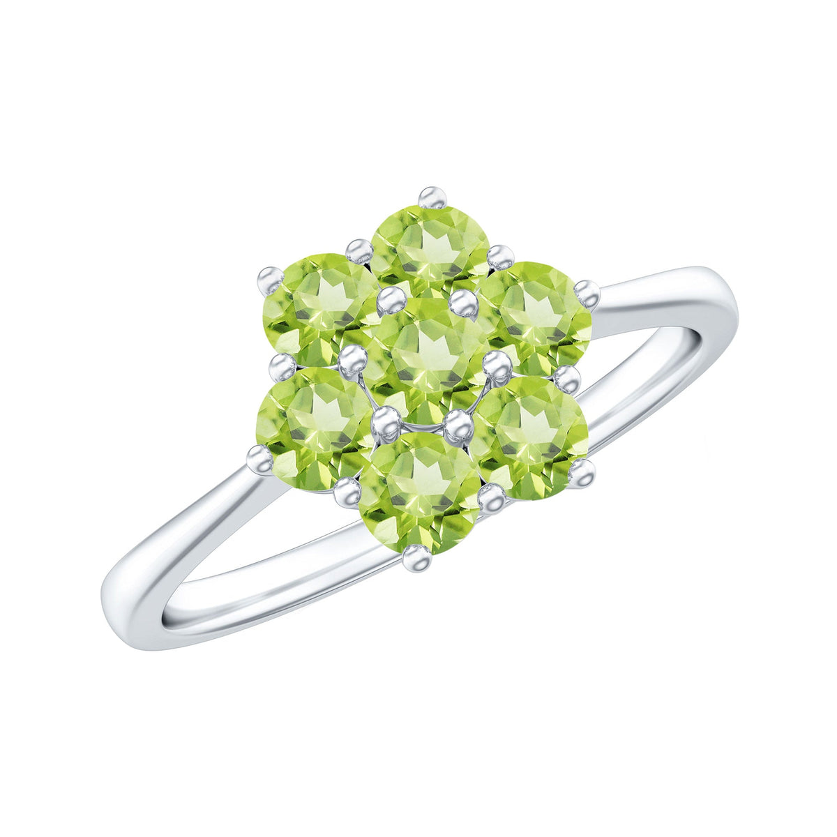 Natural Peridot flower cluster engagement ring by Rosec Jewels featuring a vibrant green gemstone with delicate floral design.