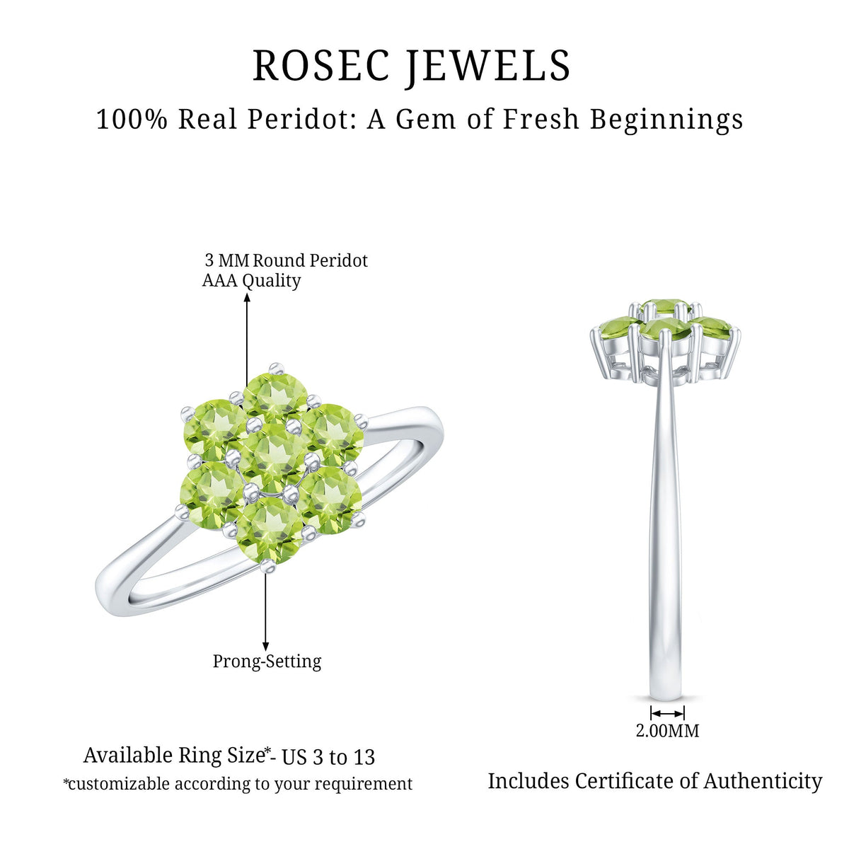 Natural Peridot flower cluster engagement ring from Rosec Jewels featuring a detailed floral design with vibrant green peridot stones.