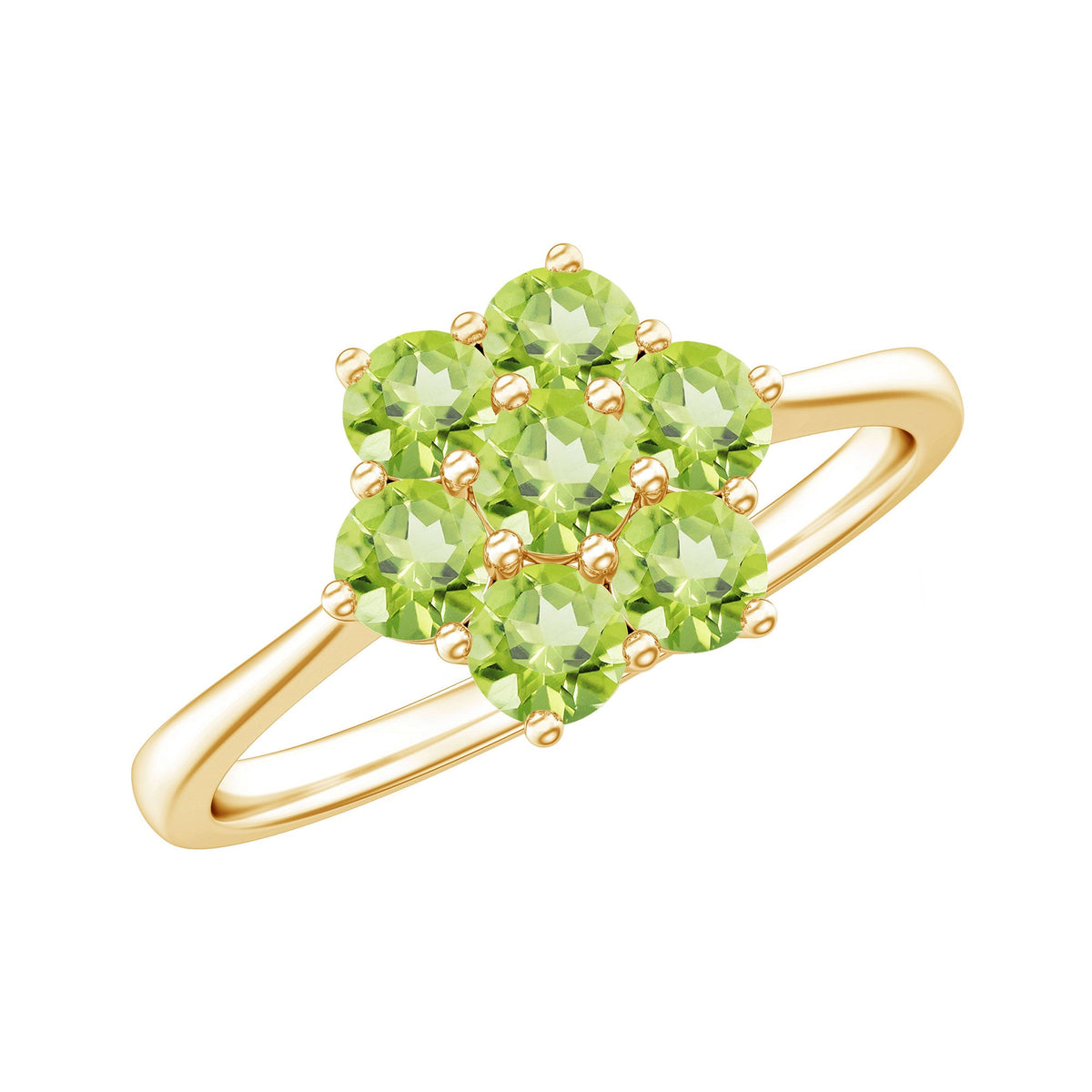 Natural Peridot flower cluster engagement ring by Rosec Jewels featuring a central peridot gemstone surrounded by delicate floral design.
