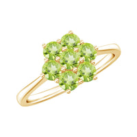 Natural Peridot flower cluster engagement ring by Rosec Jewels featuring a central peridot gemstone surrounded by delicate floral design.