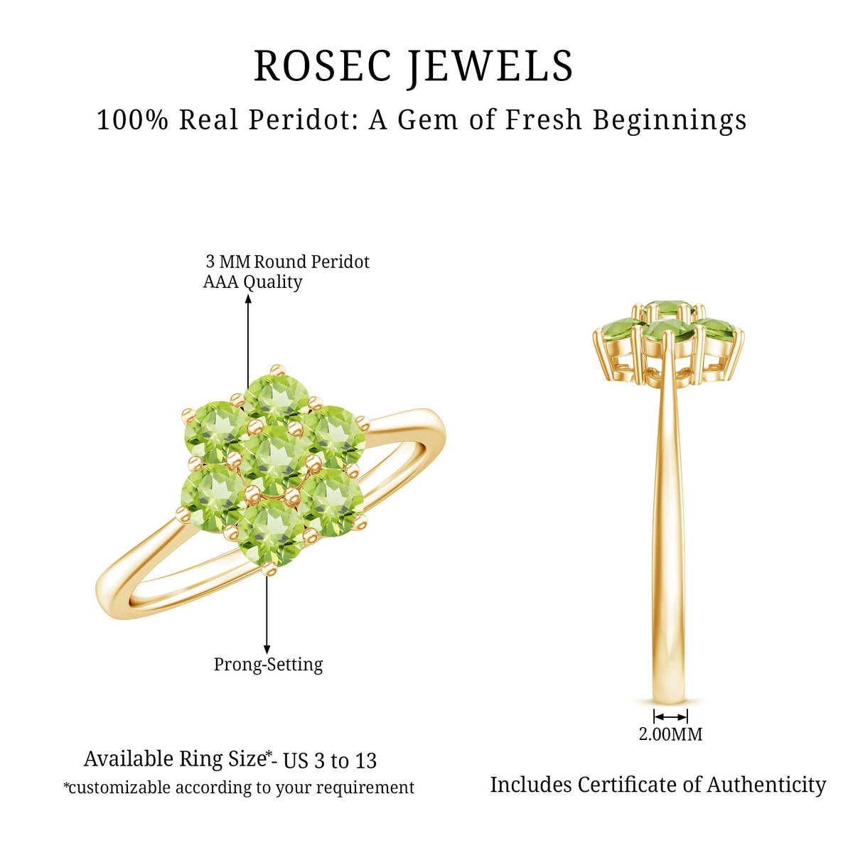 Natural Peridot flower cluster engagement ring by Rosec Jewels with vibrant green gemstones and intricate floral design.
