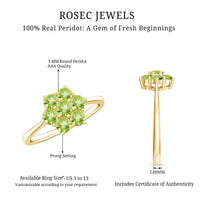 Natural Peridot flower cluster engagement ring by Rosec Jewels with vibrant green gemstones and intricate floral design.