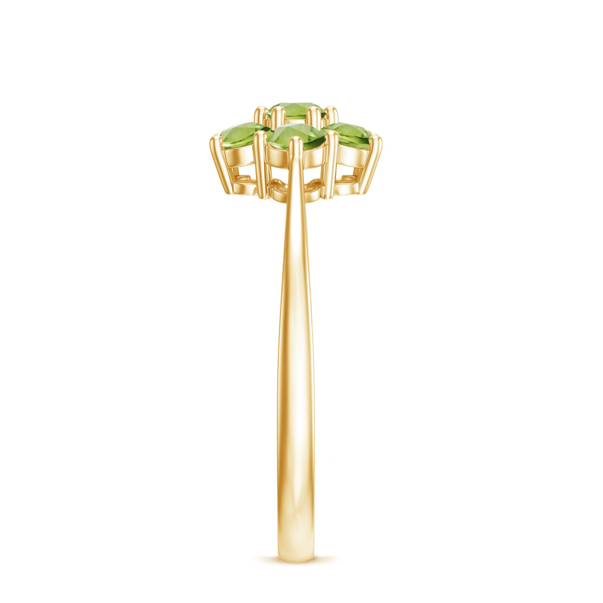Natural Peridot flower cluster engagement ring featuring a central peridot gemstone and intricate band design by Rosec Jewels.