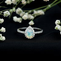 0.7 Carat Natural Ethiopian Opal Teardrop Engagement Ring with Diamond Halo