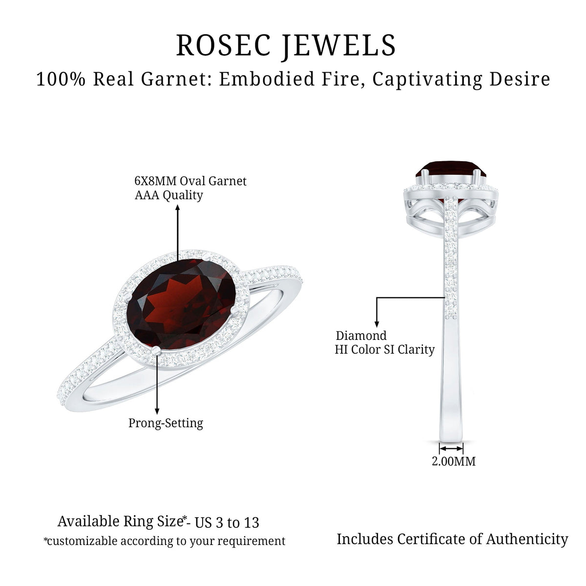 Classic 6X8mm Oval Garnet East West Engagement Ring with Diamond