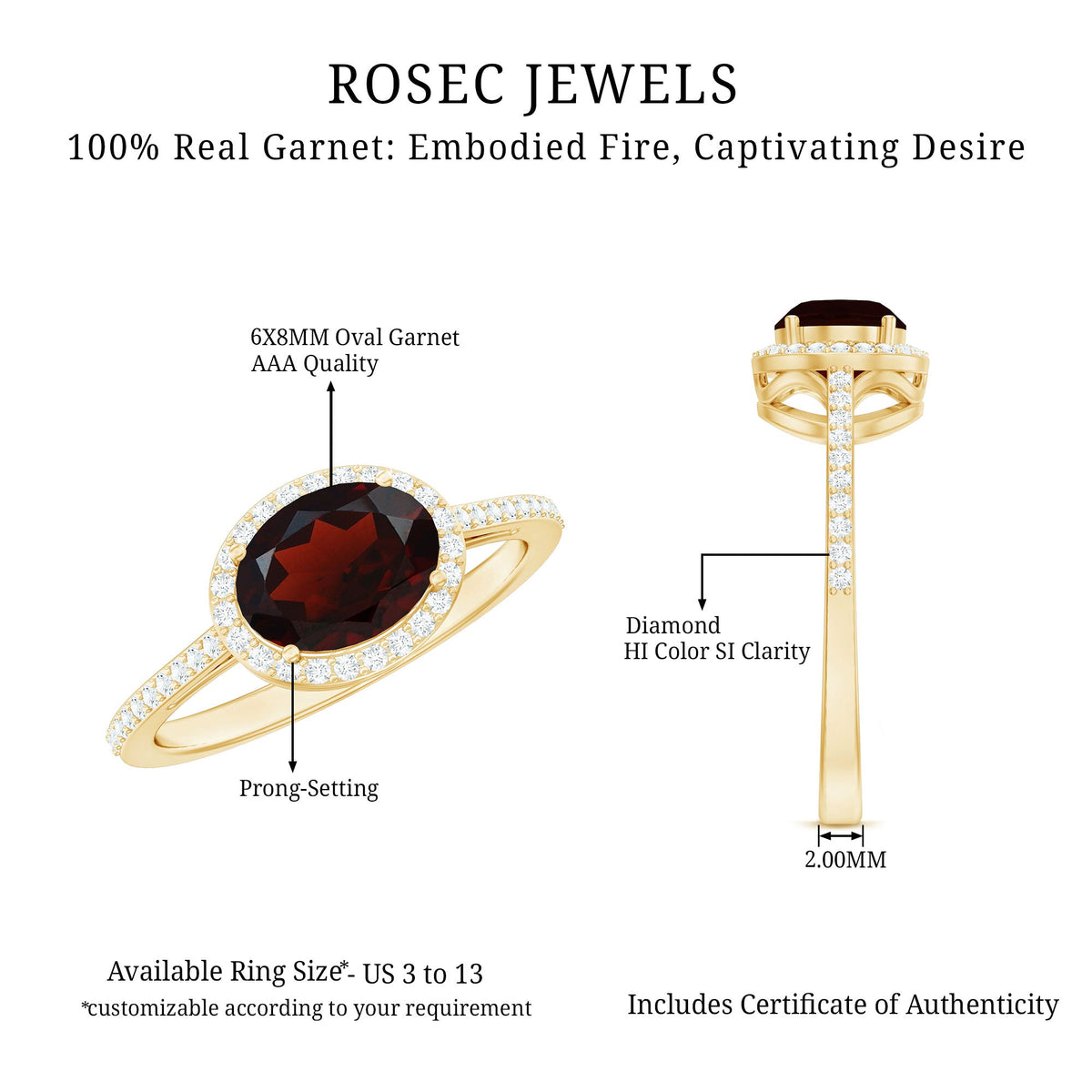 Classic 6X8mm Oval Garnet East West Engagement Ring with Diamond