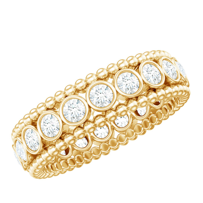 Bezel set moissanite full eternity wedding band with beaded detail from Rosec Jewels, showcasing sparkling gemstones around the ring.