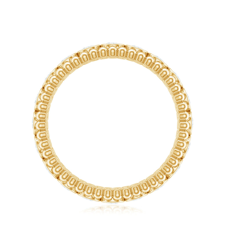 Bezel set moissanite full eternity wedding band with beaded detail from Rosec Jewels, showcasing sparkling stones and intricate design.
