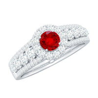Lab created ruby side stone engagement ring with moissanite by Rosec Jewels, showing the detailed ring design with vibrant gemstones.