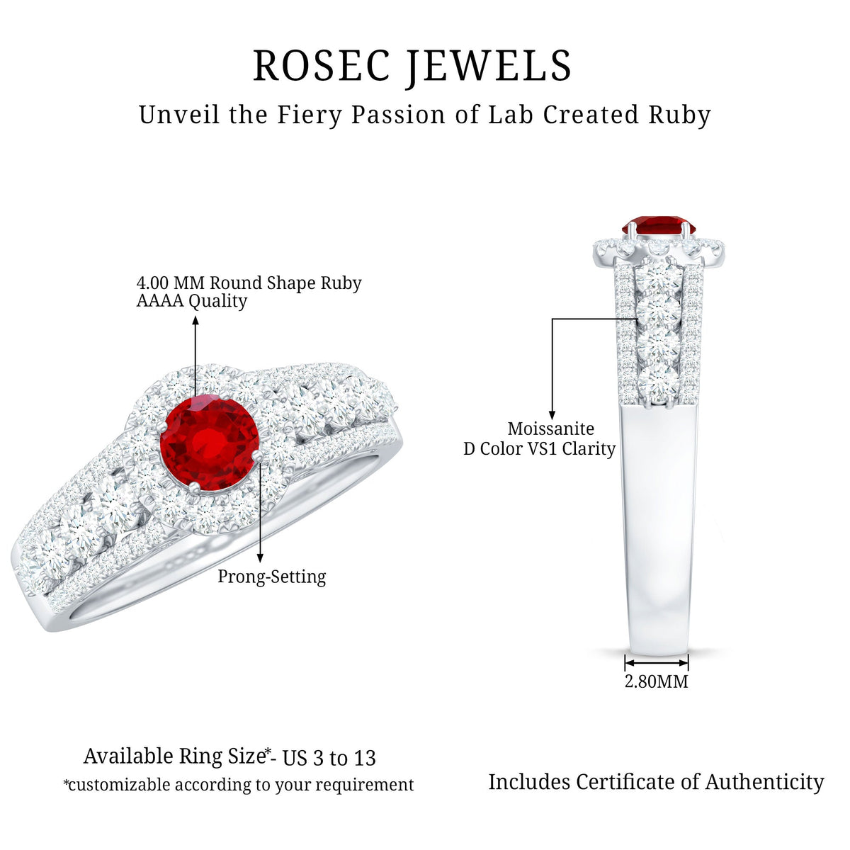 Lab-created ruby side stone engagement ring with sparkling moissanite accents, featuring a delicate gold band from Rosec Jewels.
