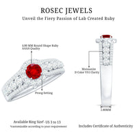 Lab-created ruby side stone engagement ring with sparkling moissanite accents, featuring a delicate gold band from Rosec Jewels.
