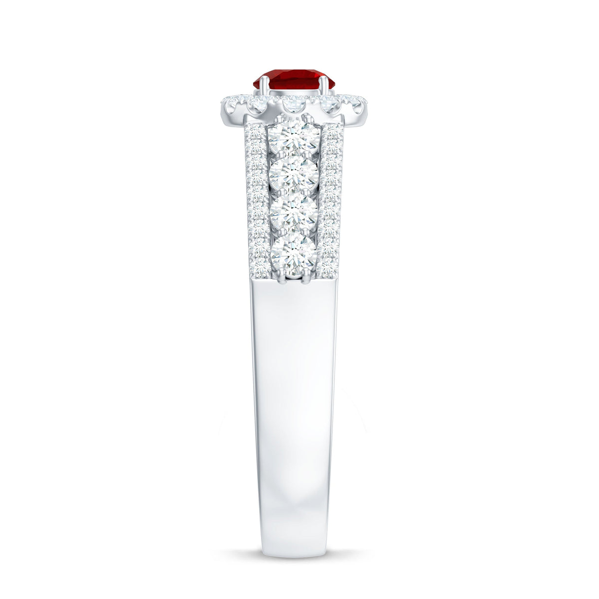 Rosec Jewels lab-created ruby side stone engagement ring with sparkling moissanite accents, showcasing intricate band details.