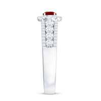 Rosec Jewels lab-created ruby side stone engagement ring with sparkling moissanite accents, showcasing intricate band details.