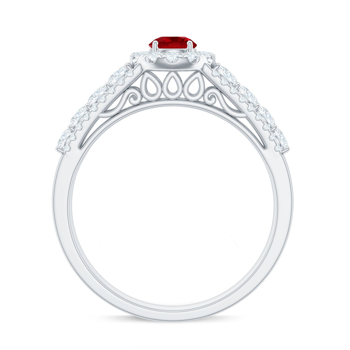 Lab created ruby side stone engagement ring with moissanite by Rosec Jewels, showcasing sparkling gemstones and elegant band design.