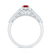 Lab created ruby side stone engagement ring with moissanite by Rosec Jewels, showcasing sparkling gemstones and elegant band design.